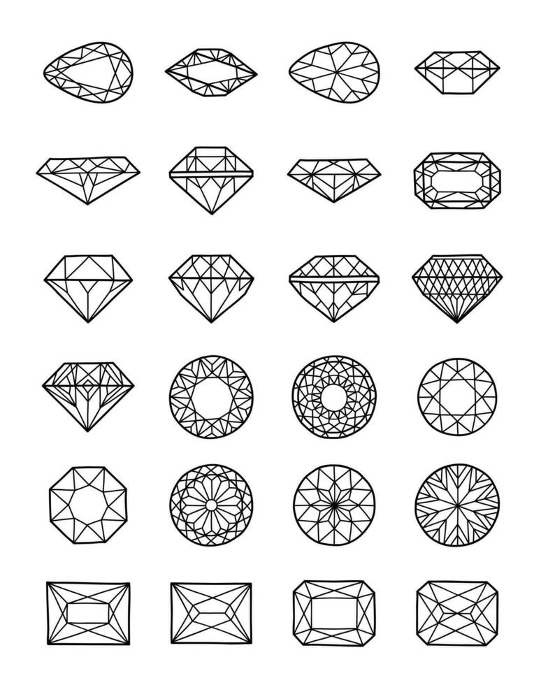 uppsättning av klotter hand dragen Ädelsten och Smycken element, svart och vit linje skiss. isolerat element - ruter, lysande, kristaller och Ädelsten på vit bakgrund, vektor illustration