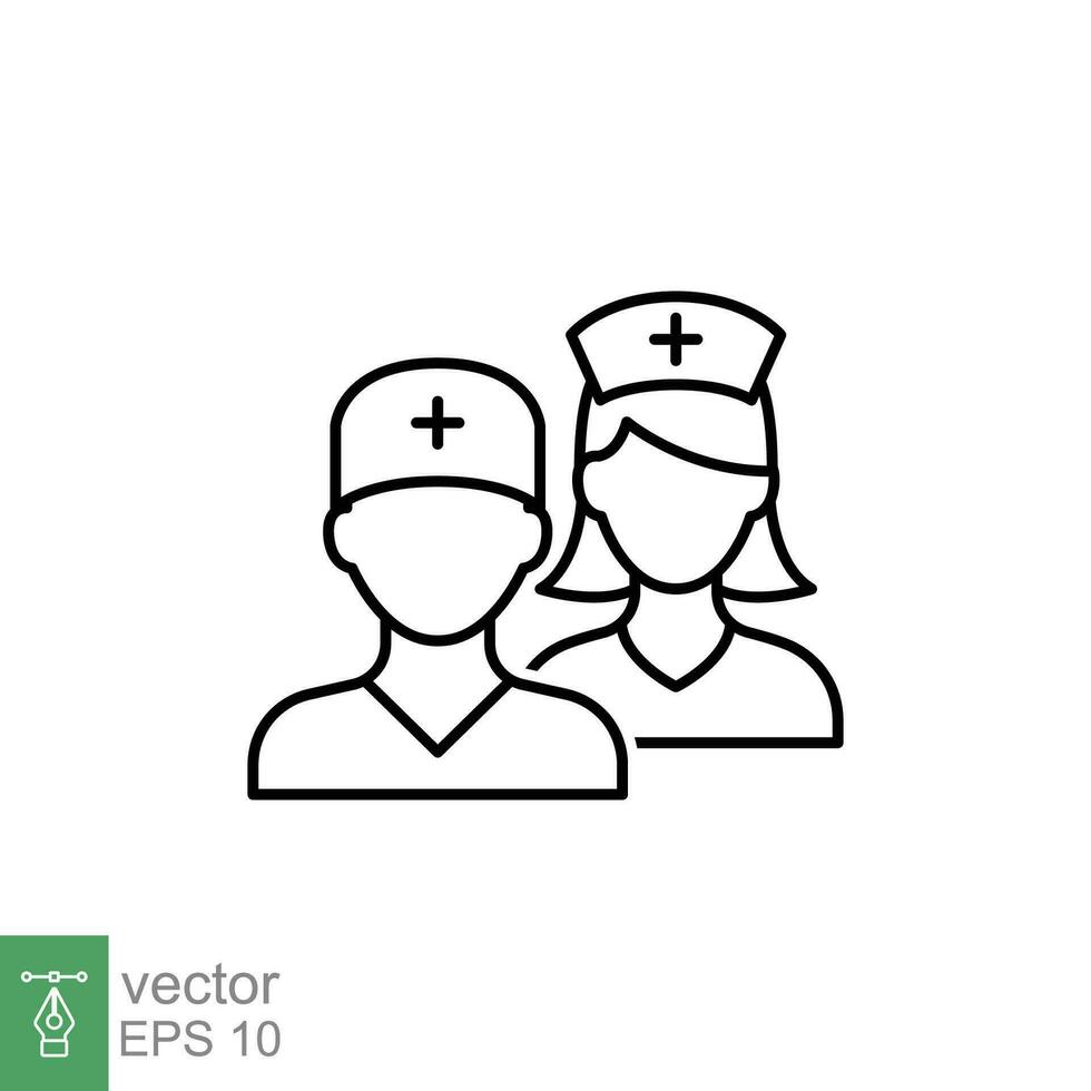medicinsk team ikon. enkel översikt stil. sjuksköterska, manlig, kvinna, man, kvinna, läkare, läkare, hälsa, medicin, sjukhus begrepp. tunn linje symbol. vektor isolerat på vit bakgrund. eps.