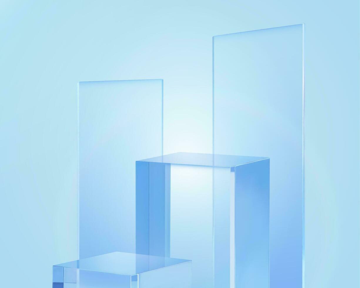 3d glas visa stå dekorerad med kristall tallrik. skön scen design lämplig för sommar Produkter. vektor