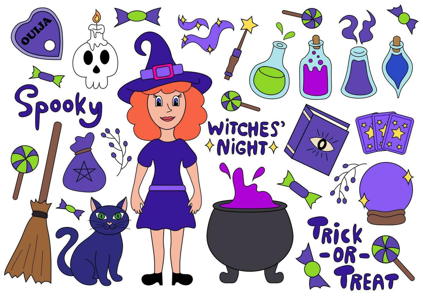 halloween element uppsättning. häxa, katt, kittel, förgifta flaskor, ouija, magi bok, tarot, magi boll, kvastskaft, skalle, ljus, magi trollstav. text text. lura eller behandla, läskigt, häxor natt. vektor