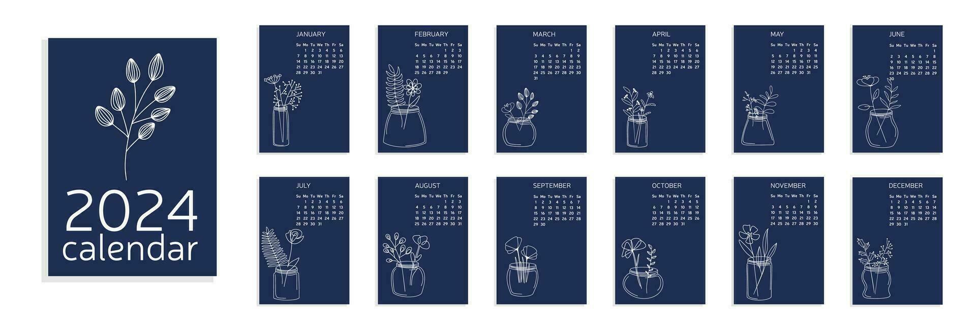 kalender a4 2024 med minimal uppsättning av löv och blommor, hand dra element av natur. vecka Start på söndag. vektor illustration