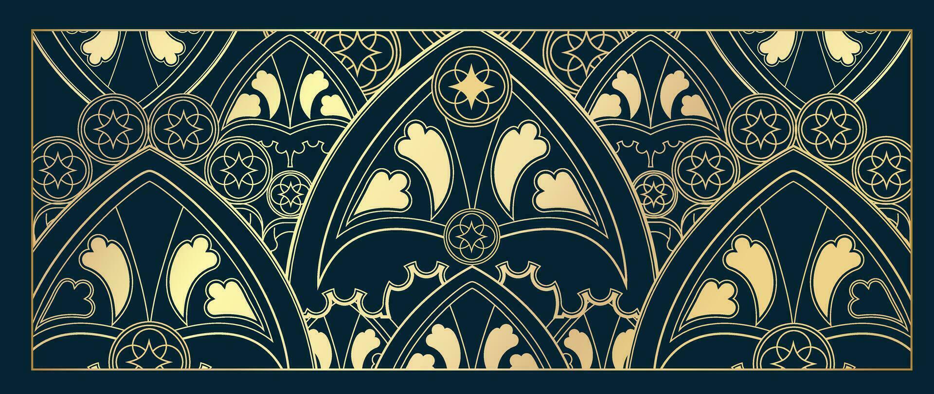 Luxus geometrisch Gold Linie Kunst und Kunst Deko Hintergrund Vektor. abstrakt geometrisch Rahmen und elegant gotisch funkeln, Blume. Illustration Design zum Einladung, Banner, VIP, Innere, Dekoration. vektor