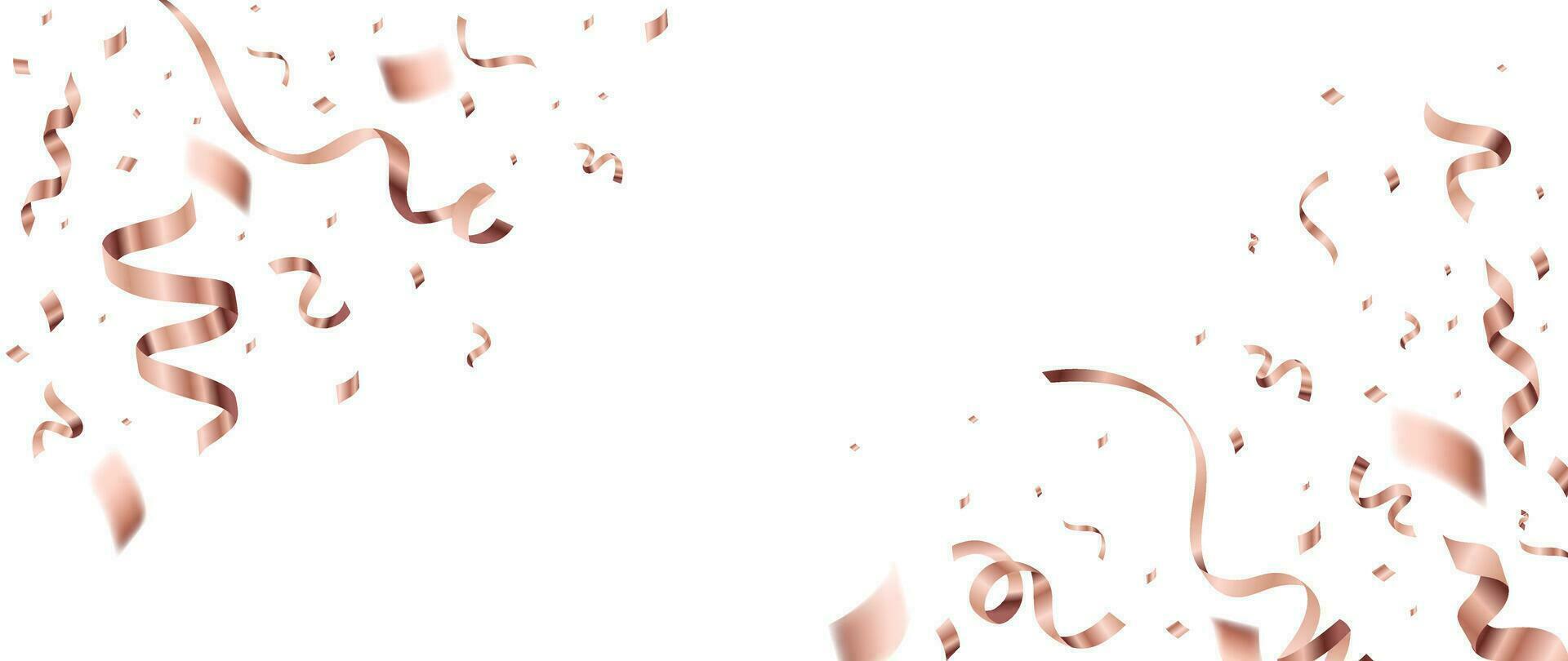 Rose Gold Band fallen von Seite Hintergrund Vektor. abstrakt beschwingt Band und Konfetti Luftschlangen Vorlage Design. Feier Festival Hintergrund Design zum Öffnung, Party, Geburtstag, Hintergrund. vektor