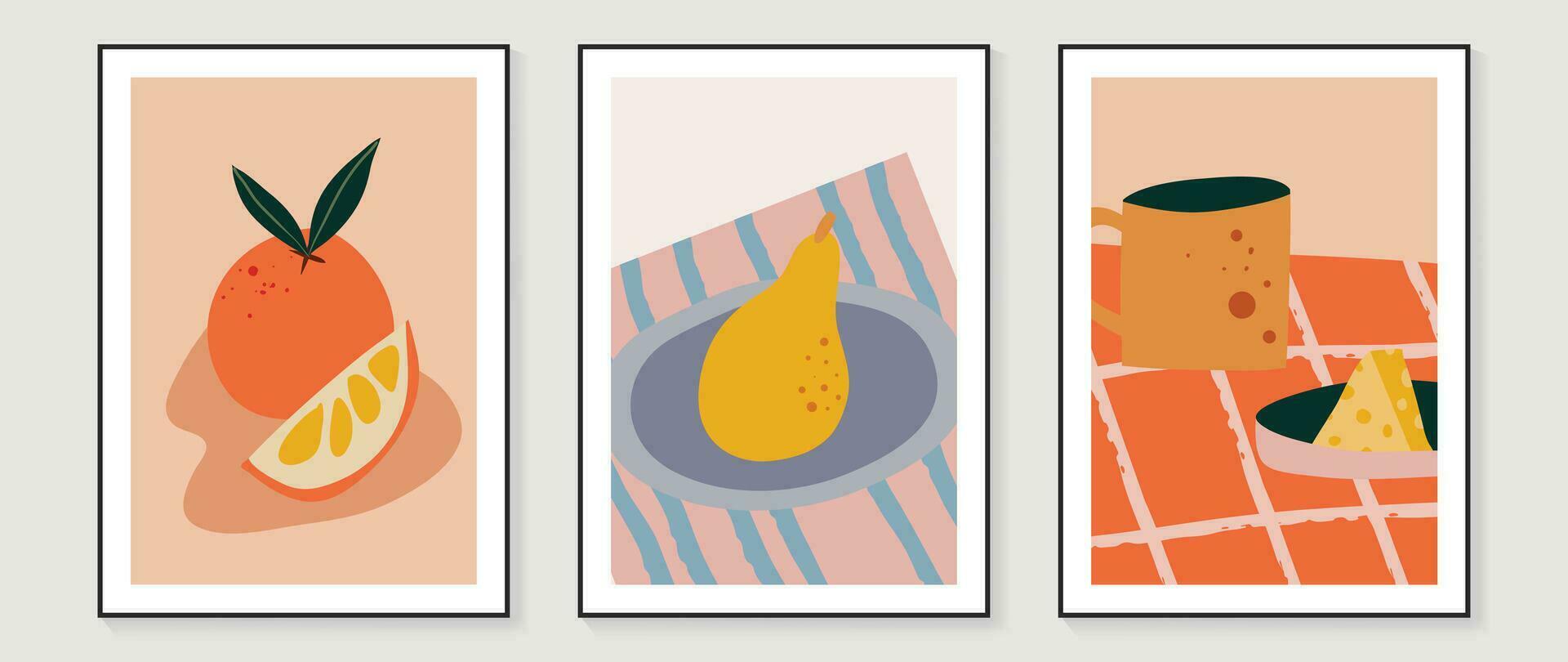 Obst und trinken Mauer Kunst Vektor Satz. Hand gezeichnet Gekritzel Design mit orange, Birne, Käse, Kaffee Tasse. Illustration zum Drucke, Hintergrund, Abdeckung, Restaurant Bild Dekoration, Cafe Innere.