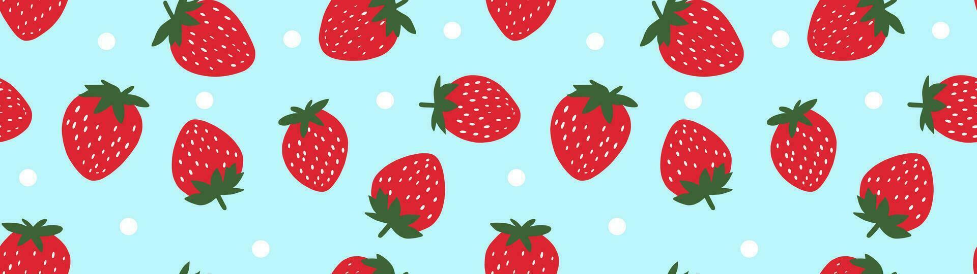 sömlös vektor mönster med röd jordgubbar på en blå bakgrund med fläckar i en platt stil. idealisk för skriva ut, omslag papper, tapet, tyg, design.
