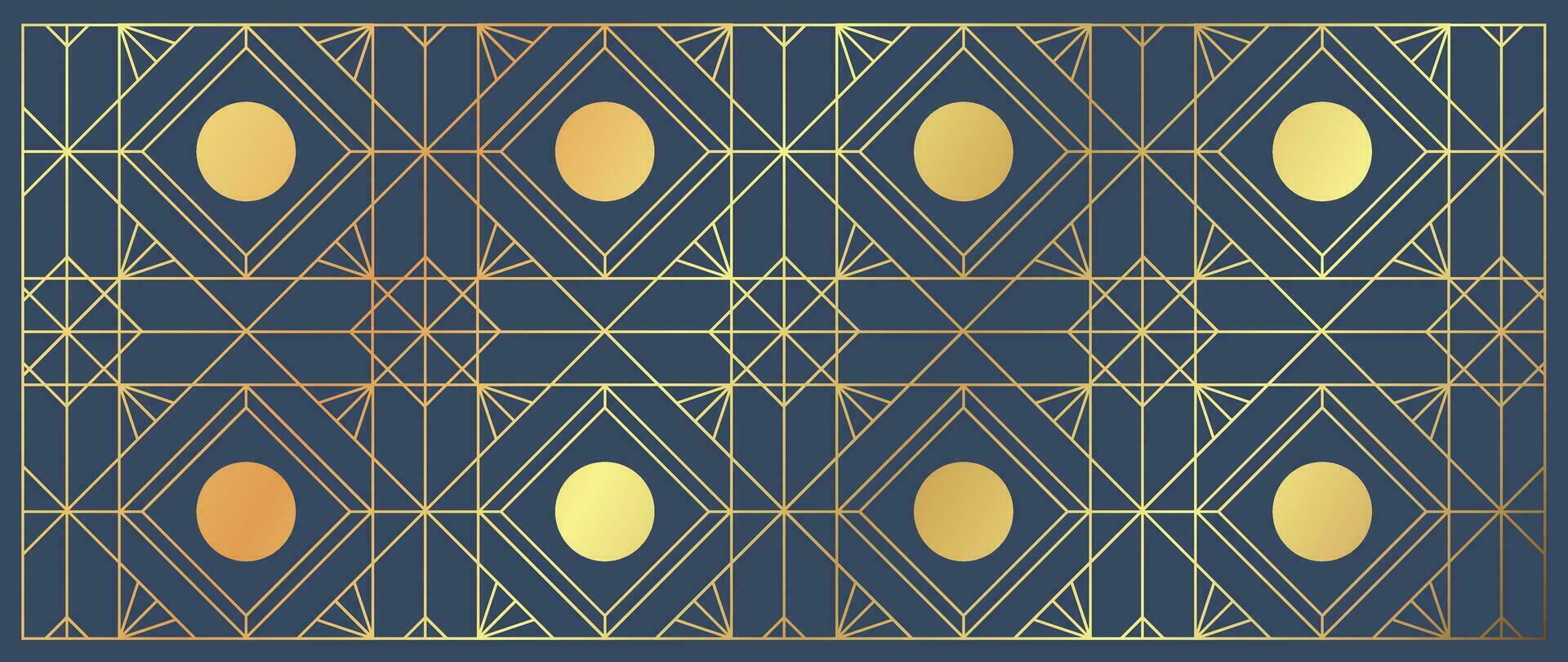 Luxus geometrisch Gold Linie Kunst und Kunst Deko Hintergrund Vektor. abstrakt geometrisch Rahmen und elegant Kunst Jugendstil mit empfindlich. Illustration Design zum Einladung, Banner, VIP, Innere, Dekoration. vektor