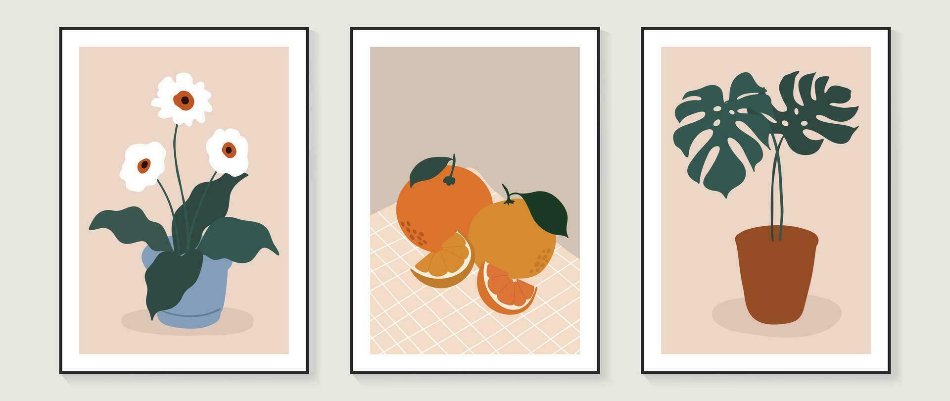 botanisch und Obst Mauer Kunst Vektor Satz. Hand gezeichnet Gekritzel Design mit Blume, Vase, orange, Monstera. Illustration zum drucken, Hintergrund, Abdeckung, Restaurant Bild Dekoration, Cafe Innere.