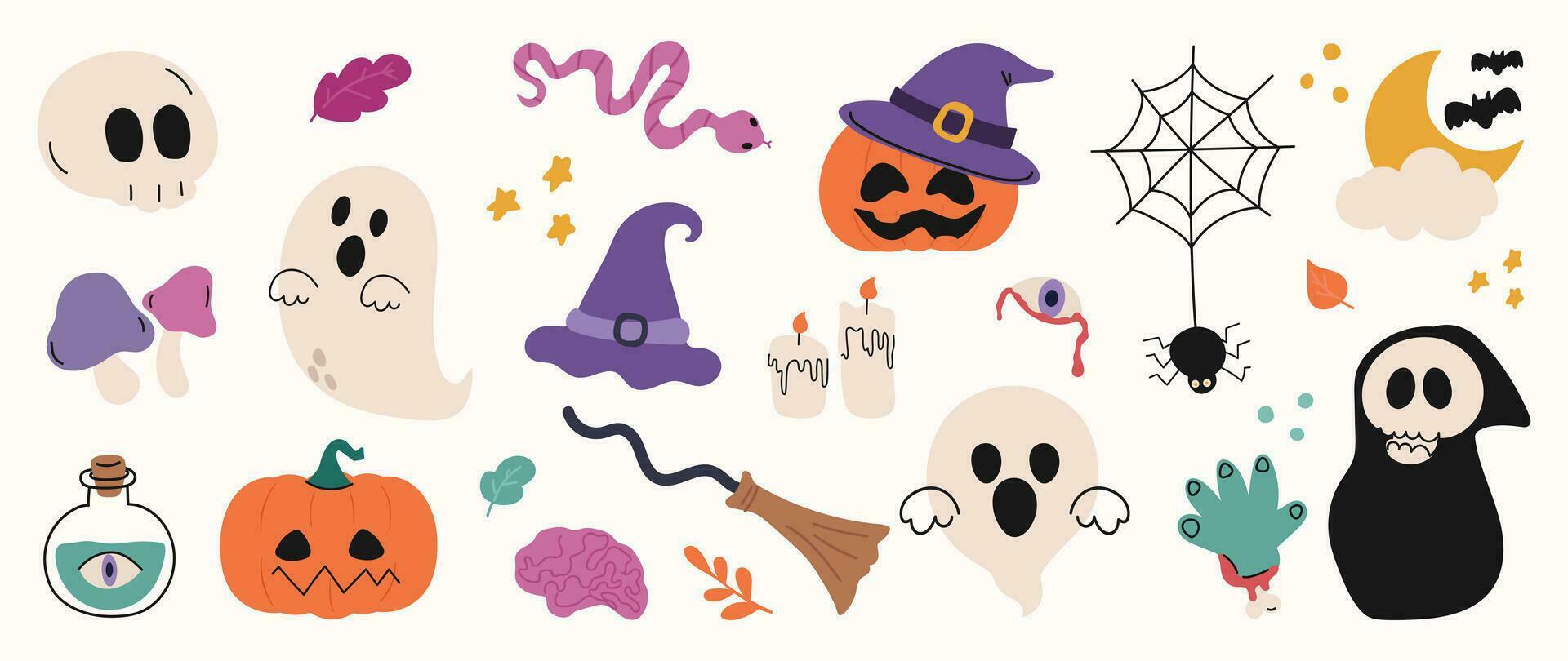 glücklich Halloween Tag Element Hintergrund Vektor. süß Sammlung von gespenstisch Geist, Kürbis, Schläger, Lutscher, Spinne, Schädel, Schlange, Geist. bezaubernd Halloween Festival Elemente zum Dekoration, Drucke. vektor