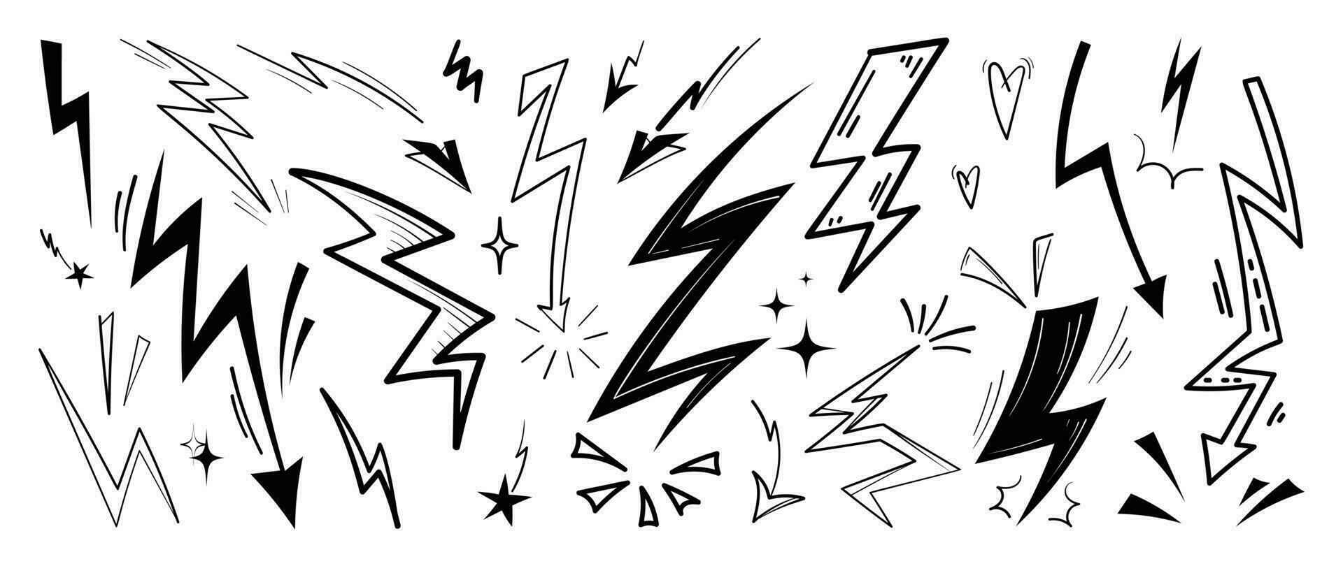 einstellen von Blitz Gekritzel Element Vektor. Hand gezeichnet Gekritzel Stil Sammlung von anders elektrisch Blitz Bolzen Symbol. Illustration Design zum drucken, Karikatur, Karte, Dekoration, Aufkleber, Symbol. vektor