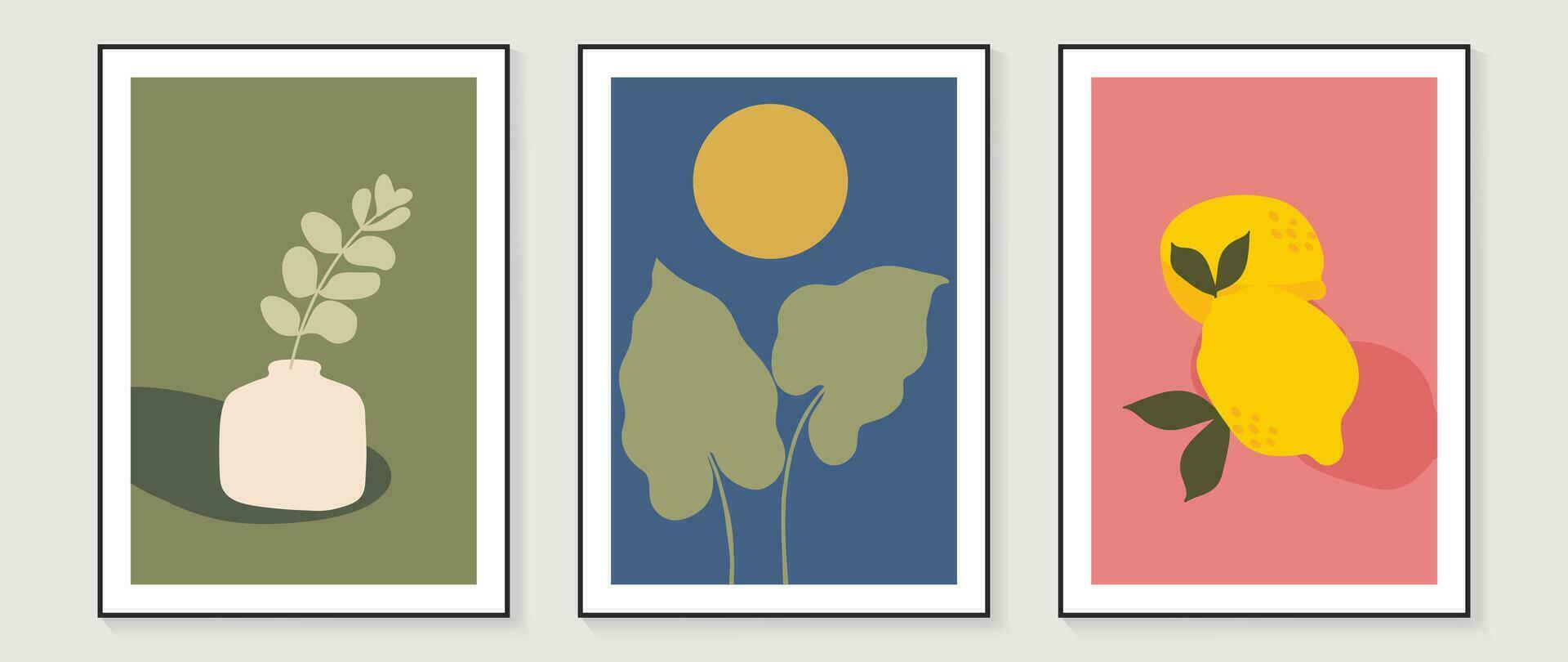 botanisch und Obst Mauer Kunst Vektor Satz. Hand gezeichnet Gekritzel Design mit Blätter, Vase, Mond, Zitrone. Illustration zum drucken, Hintergrund, Abdeckung, Restaurant Bild Dekoration, Cafe Innere.