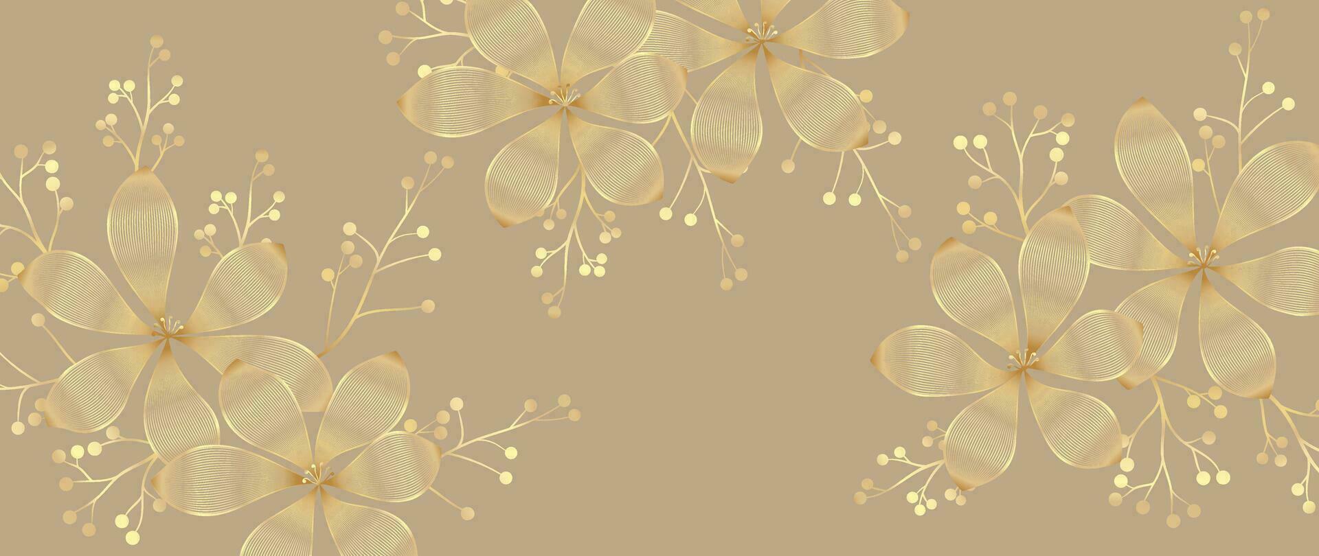 Luxus golden Wildblume Linie Kunst Hintergrund Vektor. natürlich botanisch elegant Blume mit Gold Linie Kunst. Design Illustration zum Dekoration, Mauer Dekor, Hintergrund, Abdeckung, Banner, Poster, Karte. vektor