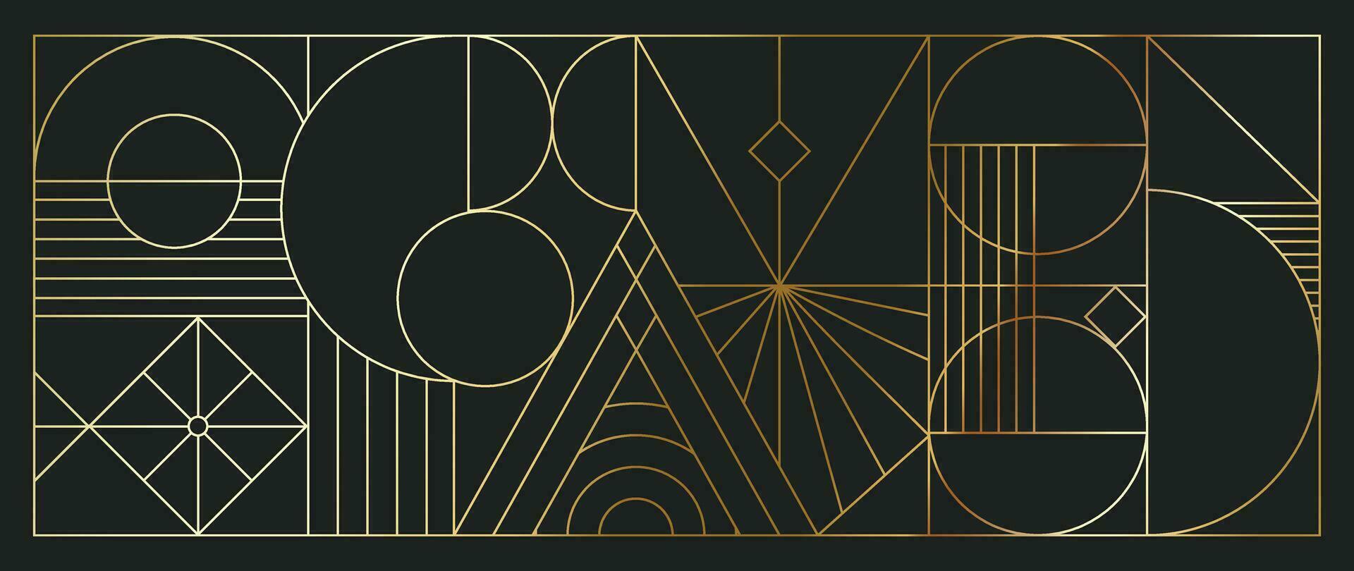 Luxus geometrisch Gold Linie Kunst und Kunst Deko Hintergrund Vektor. abstrakt geometrisch Rahmen und elegant Kunst Jugendstil mit empfindlich. Illustration Design zum Einladung, Banner, VIP, Innere, Dekoration. vektor