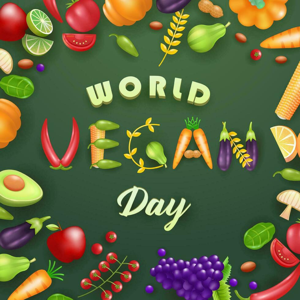 Welt vegan Tag. Obst und Gemüse Text und Ornamente, 3d Vektor. geeignet zum Veranstaltungen und gesund Essen vektor