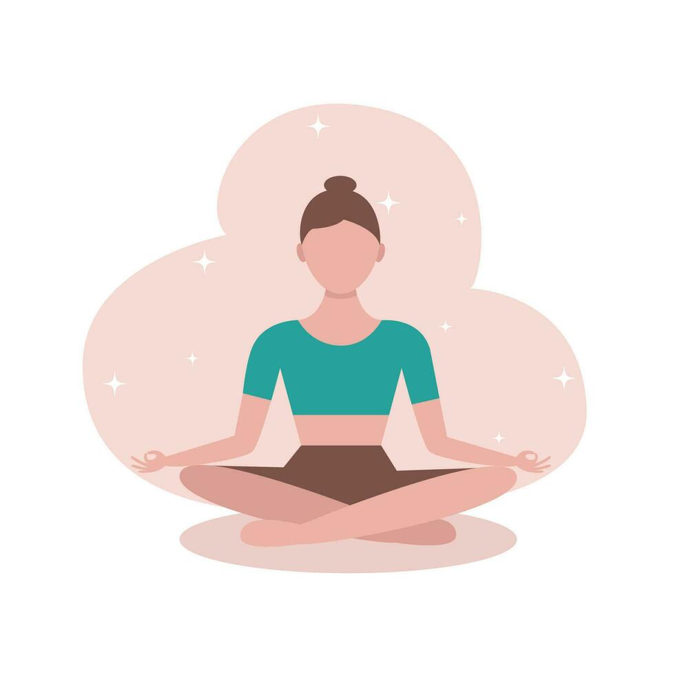 ziemlich Mädchen im Lotus Position. Vektor Illustration im eben Stil.