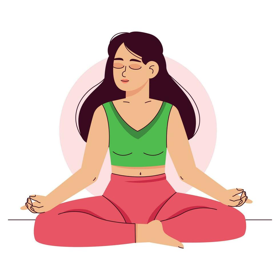 ein Frau meditiert im das Lotus Position. Pilates, Yoga und Meditation. Entspannung und Entspannung, innere Frieden und Gleichgewicht, ein jung Mädchen nimmt Pflege von ihr Gesundheit. eben Vektor Illustration