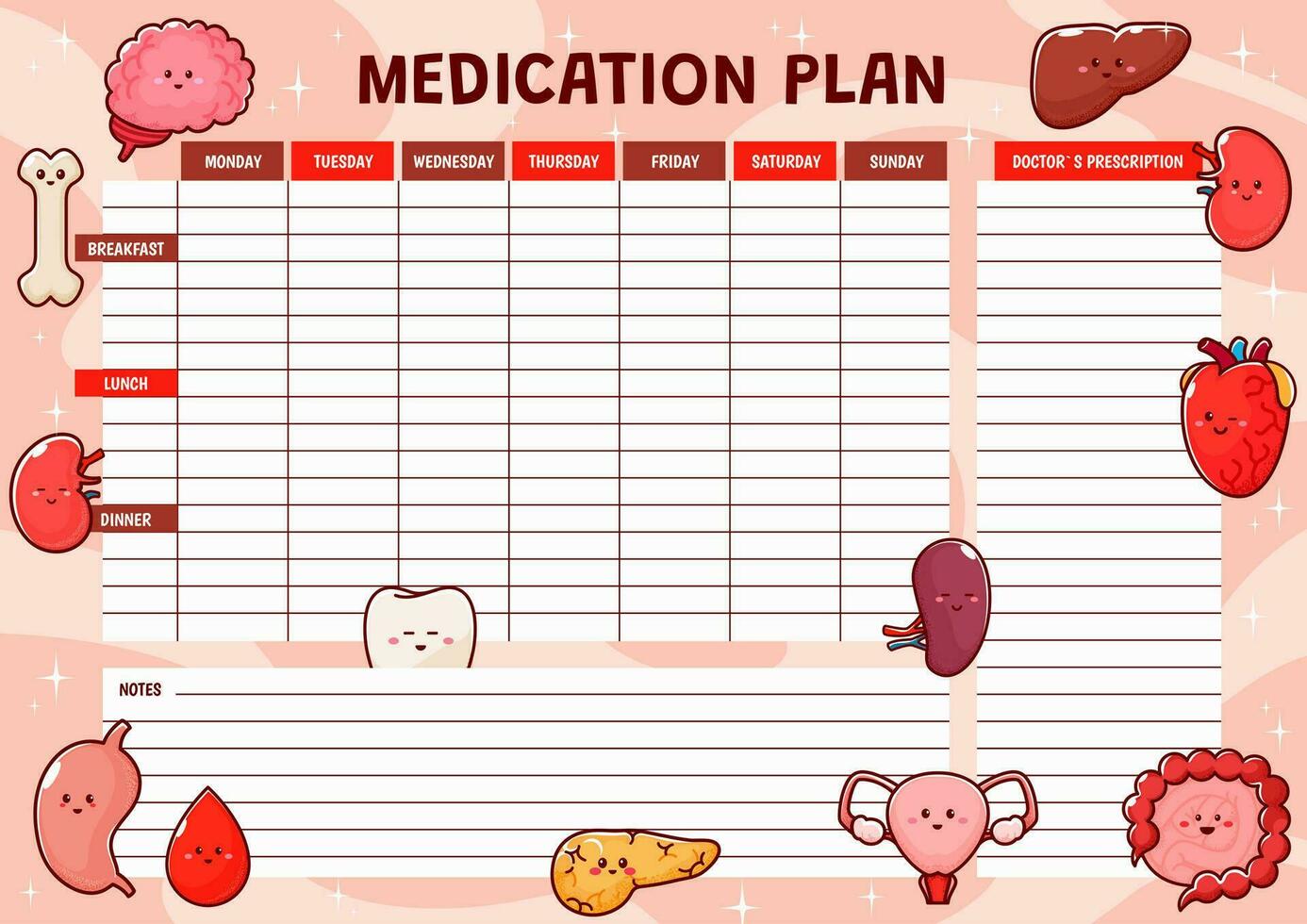 varje vecka medicin planerare med organ tecken vektor