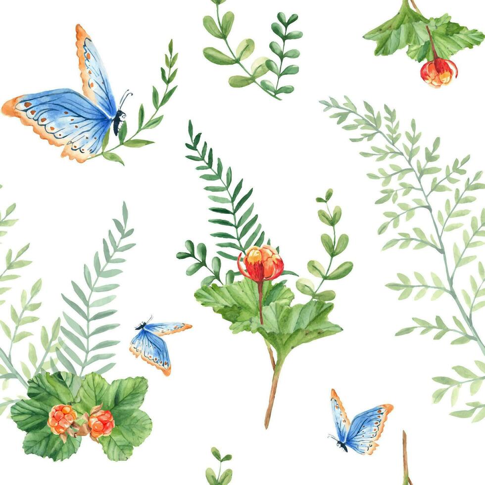 nahtlos Aquarell Muster mit Moltebeere Blätter und Beeren, Farn, Grün Geäst, Blau Schmetterling. botanisch Sommer- Hand gezeichnet Illustration. können Sein benutzt zum Geschenk Verpackung Papier vektor