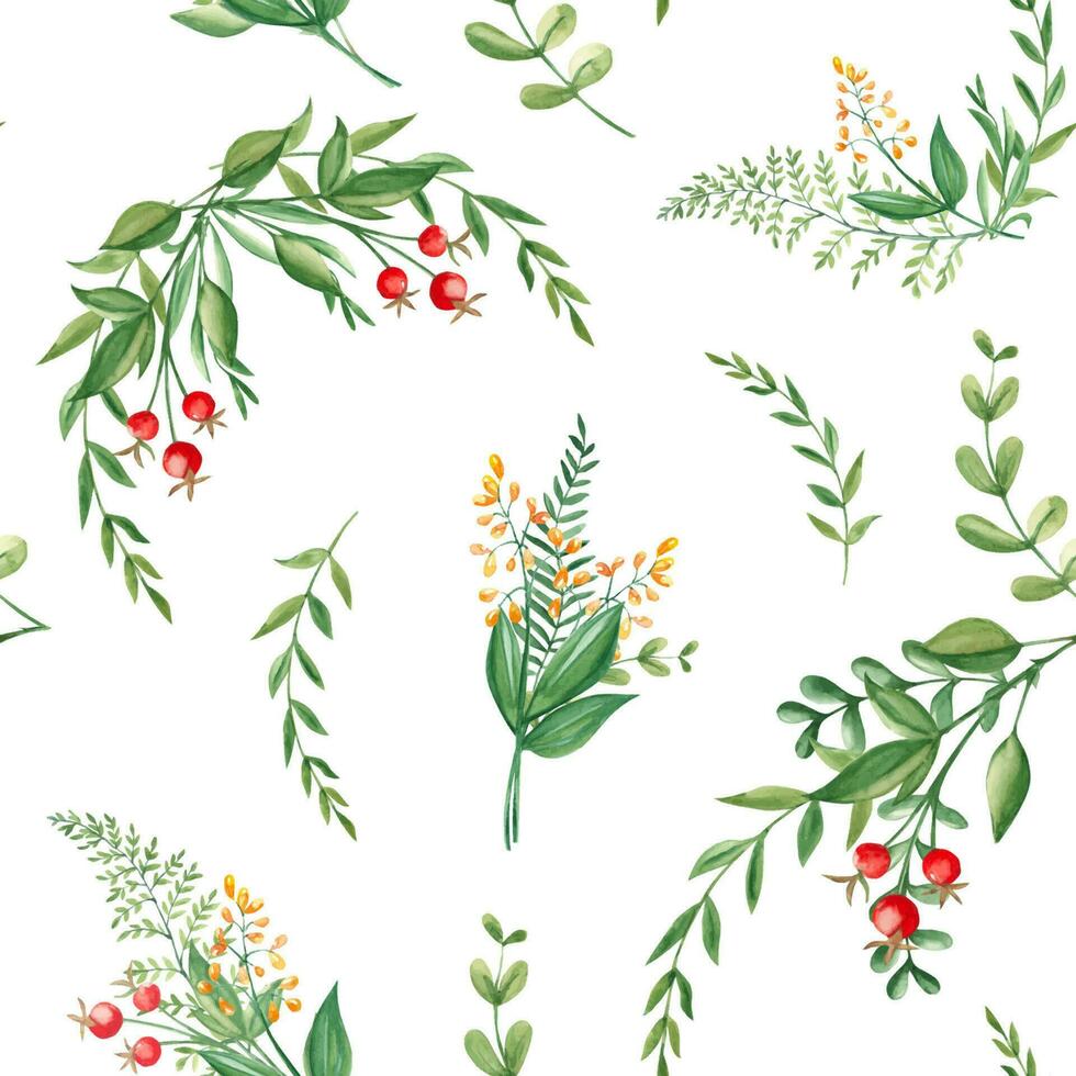 nahtlos Aquarell Muster mit Grün Geäst, Gelb Wildblumen und rot Beeren. botanisch Sommer- Hand gezeichnet Illustration. können Sein benutzt zum Geschenk Verpackung Papier, Küche Textil- und Stoff Drucke. vektor