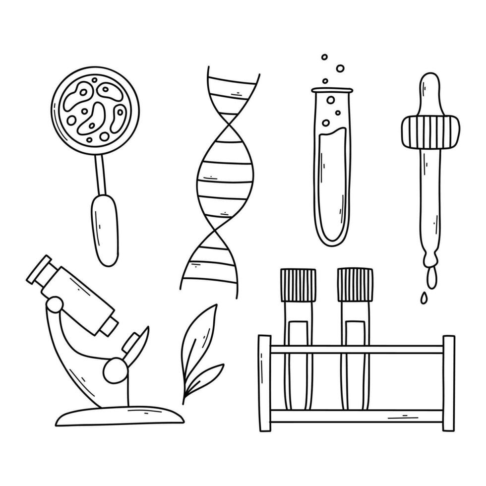 uppsättning av vetenskaplig element isolerat på vit bakgrund. samling av biologisk element i klotter stil. vektor