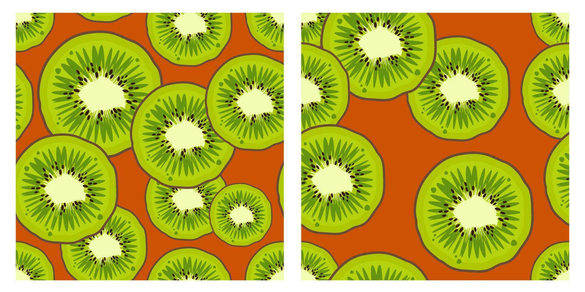 einstellen von Kiwi Obst muster.trendy hell Design exotisch Früchte auf Orange Hintergrund. frisch saftig Grün Früchte. Vektor Illustration zum Tapeten,Textil, Netz, Anwendung, Notizbücher, Fall, Verpackung Papier