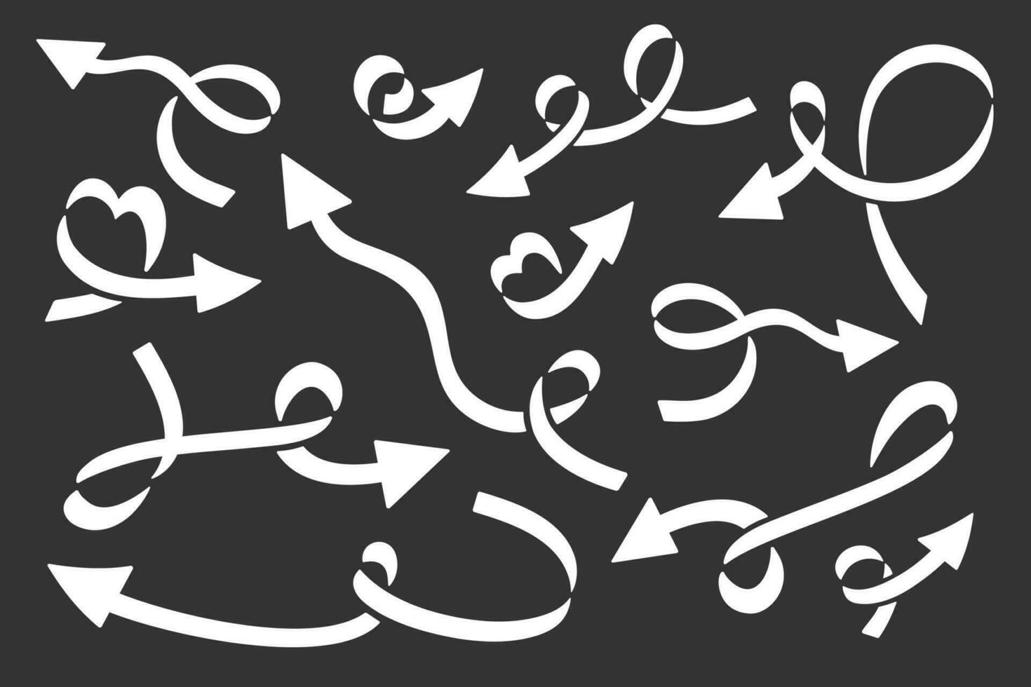 uppsättning av vit svart hand dragen klotter pil isolerad på svart bakgrund. vektor pil ikon. kreativ böjd rader, pekare, dekorativ element. enkel signes för företag infografik, webb Ansökan