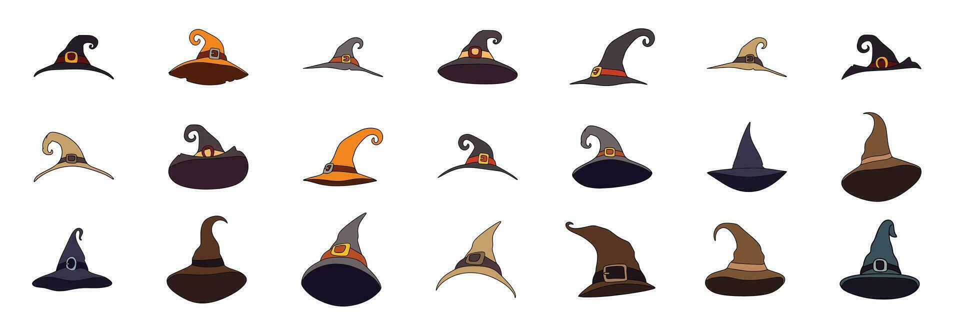 samling av trollkarl hattar. häxa hatt isolerat på vit bakgrund färgad översikt. halloween hatt klotter stil. vektor illustration.