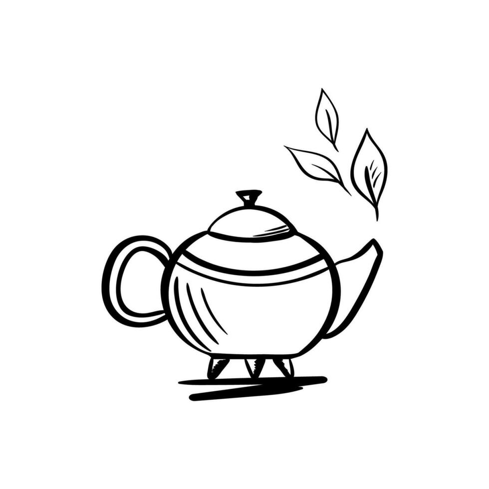 tekanna med te löv ikon i skiss stil. te ceremonier och förpackning, hemsida ikon vektor