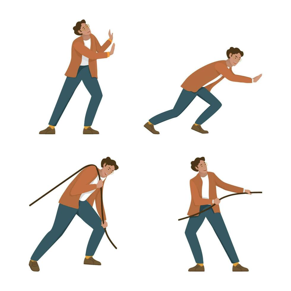 man dra och skjuta på uppsättning av poserar. en ung man i en kostym av annorlunda positioner dragande en rep eller tryckande ett objekt. vektor