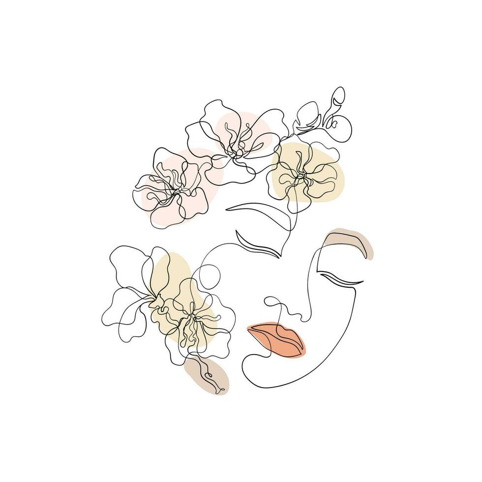 kvinna ansikte linje konst med sakura blommor. kvinna dragen kontinuerlig stil, vektor liner för kosmetisk företag