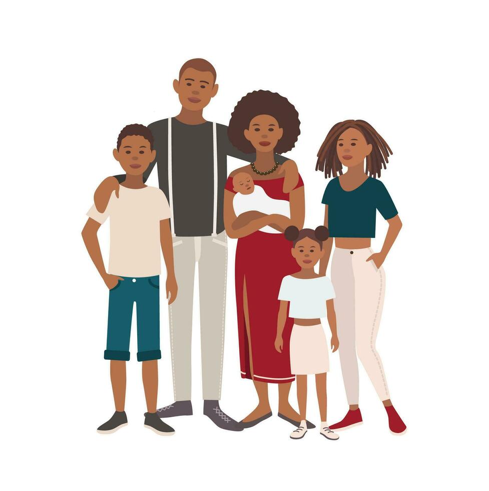 glücklich groß schwarz Familie Porträt. Vater, Mutter, Söhne und Töchter zusammen. Vektor Illustration von ein eben Design.