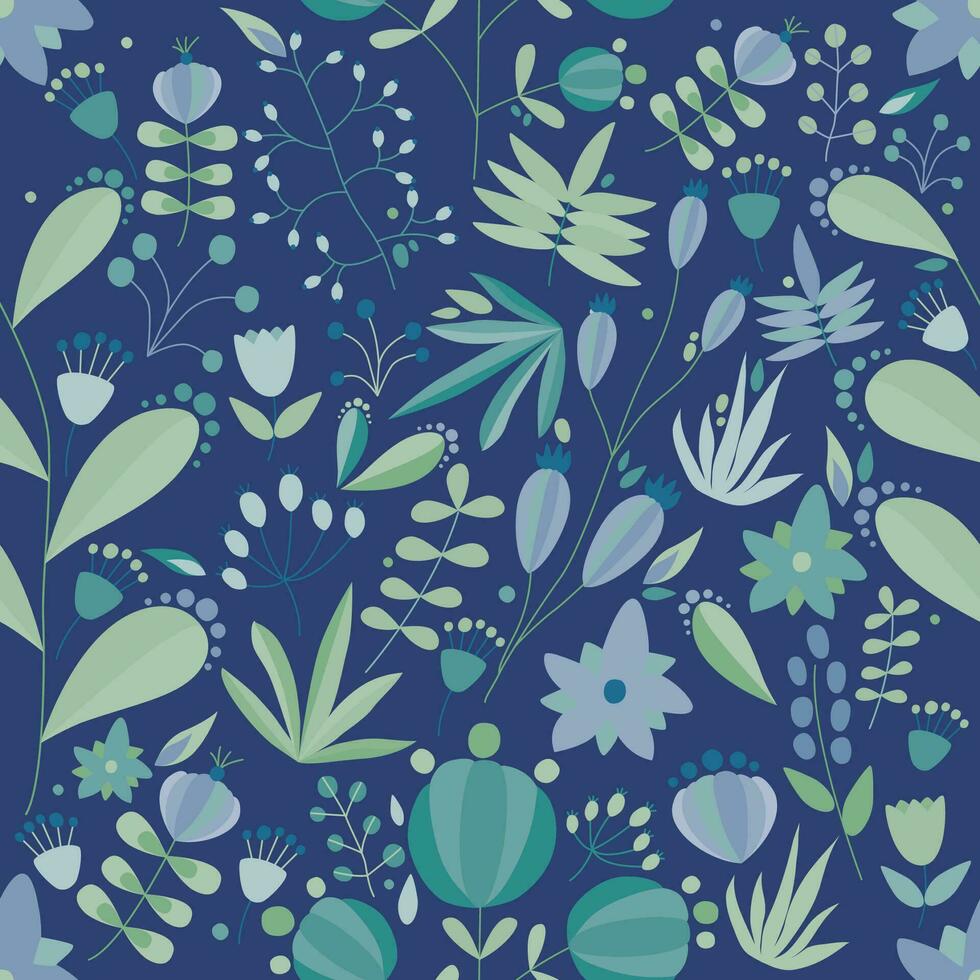 Blumen- nahtlos Muster mit Blumen und Pflanzen im dunkel Hintergrund. tropisch Vektor Illustration.
