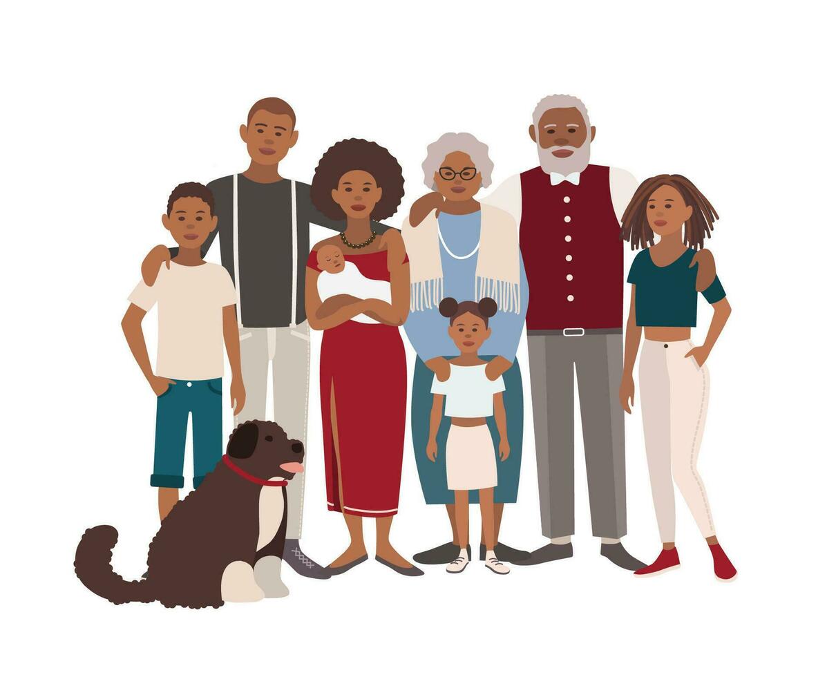 glücklich groß schwarz Familie Porträt. Vater, Mutter, Oma, Großvater, Söhne, Töchter und Hund zusammen. Vektor Illustration von ein eben Design.