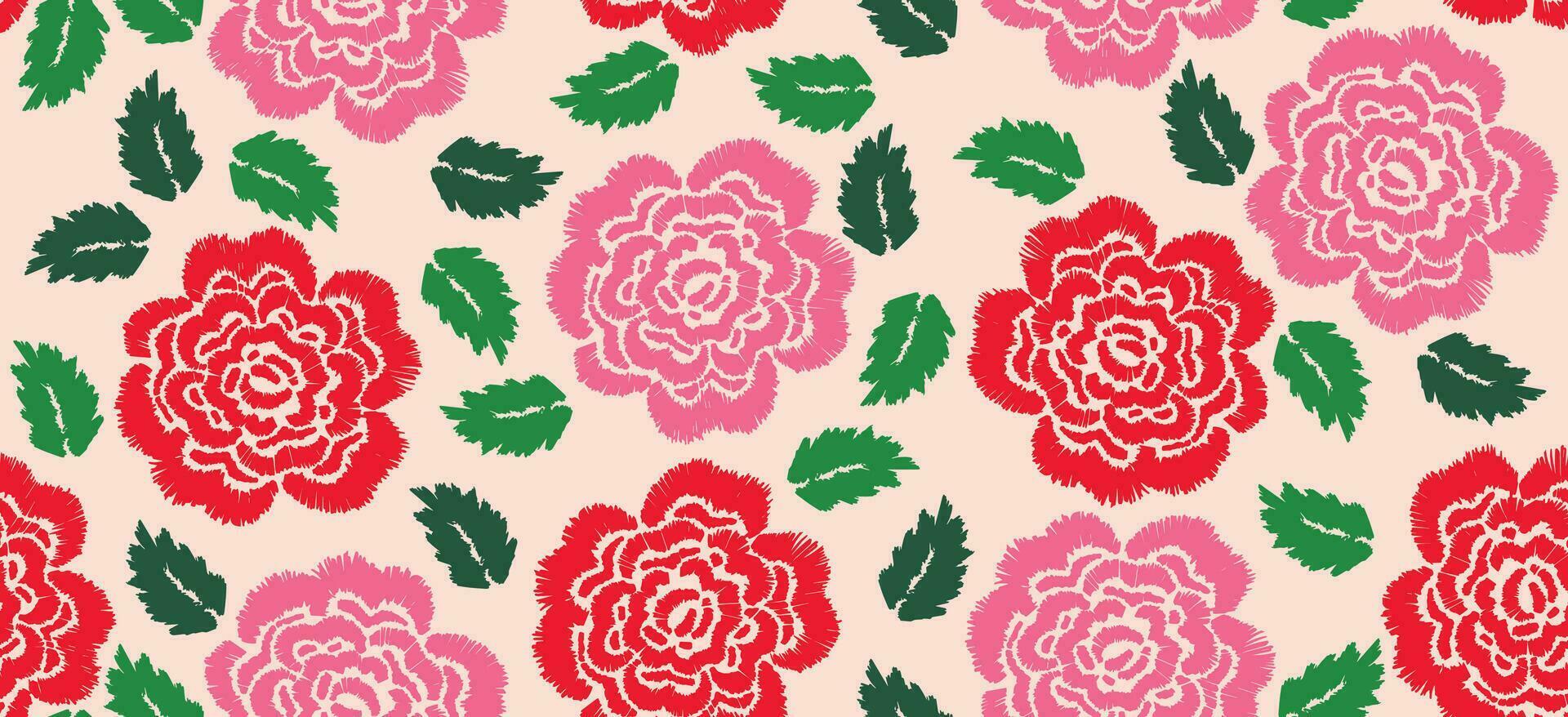 schön ethnisch Rosen Ikat Kunst. nahtlos kasuri Muster im Stammes, Volk Stickerei, Mexikaner Stil. Rose Blume botanisch Kunst Ornament Druckdesign zum Teppich, Tapete, Kleidung, Verpackung, Stoff, Abdeckung vektor