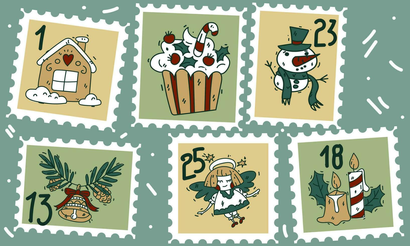 en uppsättning av söt ritad för hand porto frimärken med jul och ny år attribut, ett ängel, småkakor, ljus, en snögubbe och tal. modern vektor illustrationer i tecknad serie stil.