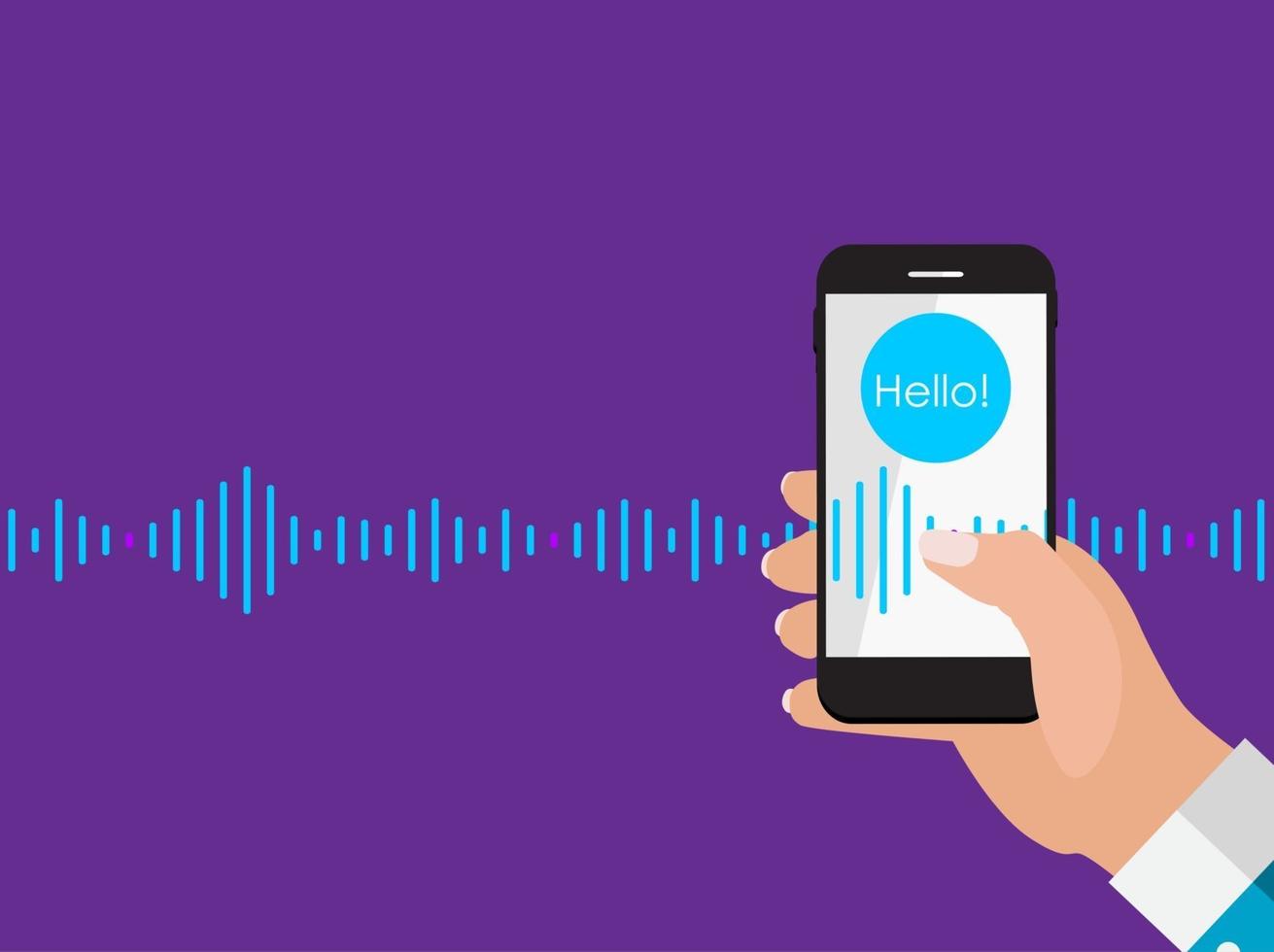 hand med mobiltelefon med mikrofonknapp och intelligent teknik i platt stil. personlig assistent och röstigenkänning koncept. vektor illustration