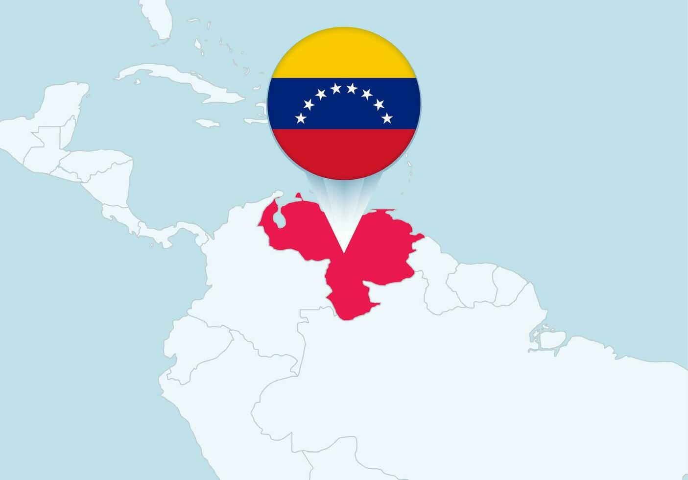 Amerika mit ausgewählt Venezuela Karte und Venezuela Flagge Symbol. vektor