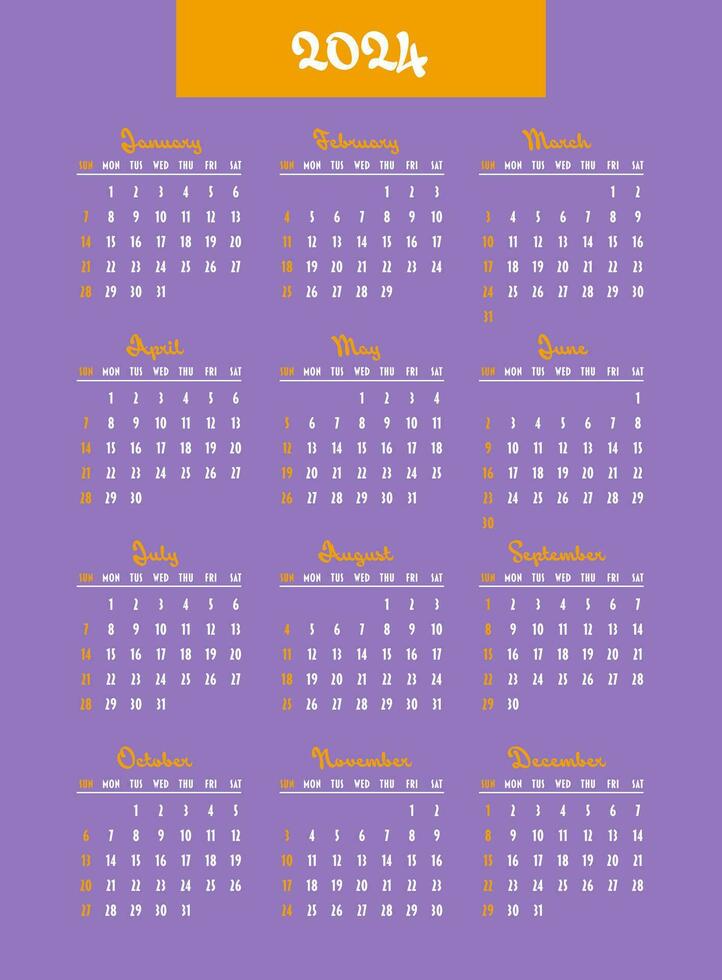 kalender 2024 år. vecka börjar på söndag. design för planerare, utskrift, brevpapper, arrangör. vektor