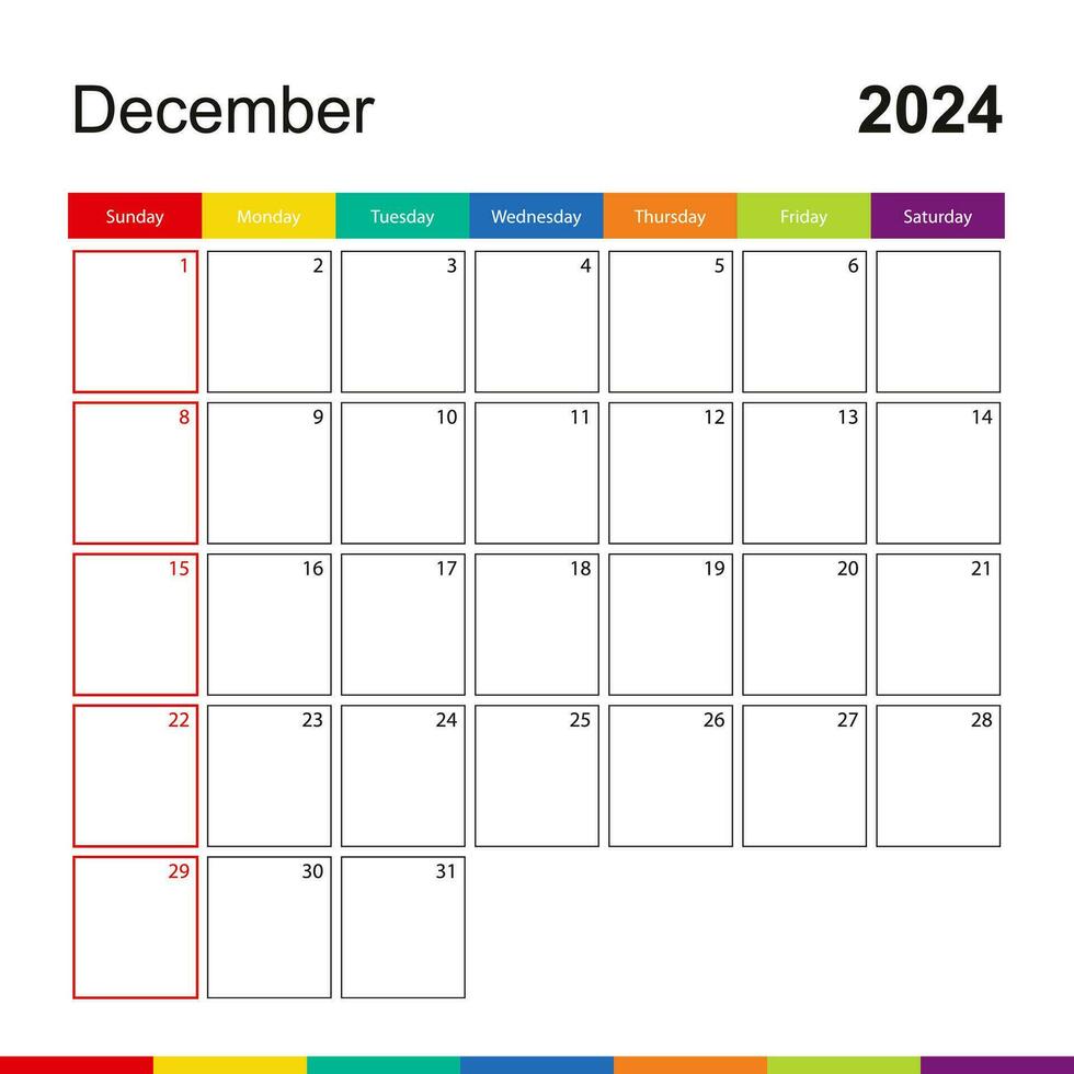 december 2024 färgrik vägg kalender, vecka börjar på söndag. vektor