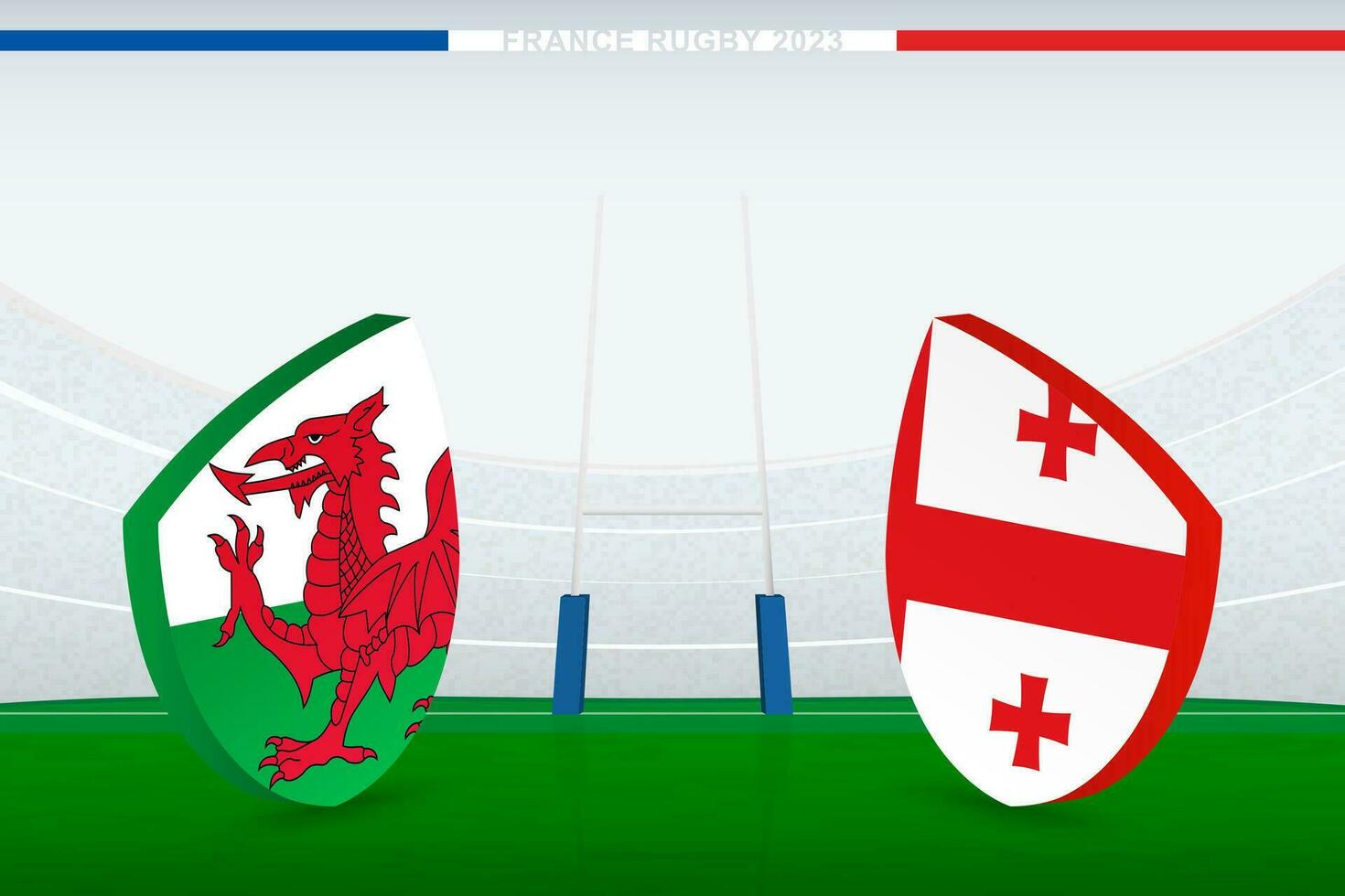 Spiel zwischen Wales und Georgia, Illustration von Rugby Flagge Symbol auf Rugby Stadion. vektor