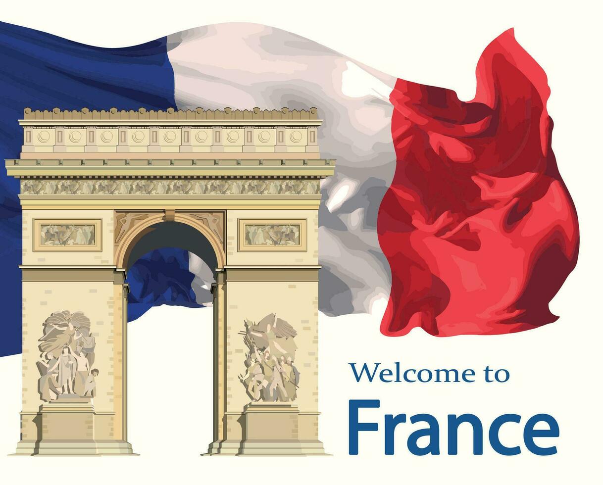 Bogen de Triomphe im Paris gegen das Hintergrund von das Flagge von Frankreich. Vektor. vektor