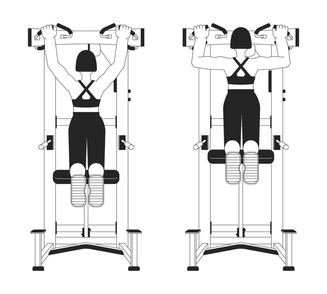 arbetssätt ut på assisterad dra upp maskin bw vektor fläck illustration. Gym kvinna 2d tecknad serie platt linje enfärgad karaktär för webb ui design. styrka Träning redigerbar isolerat översikt hjälte bild