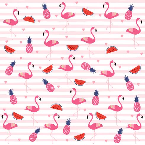 Flamingos med ananas och vattenmeloner på ränder sömlös mönster bakgrund vektor