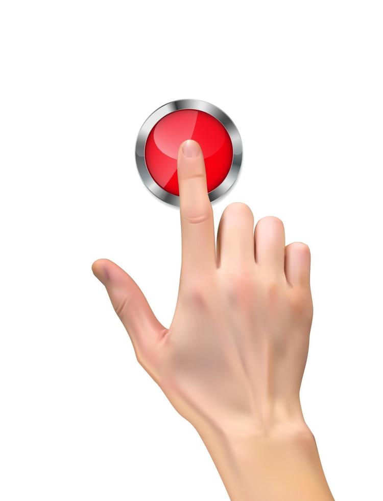 realistische Hand, die einen roten Stoppknopf auf weißem Hintergrund drückt. Vektor-Illustration vektor