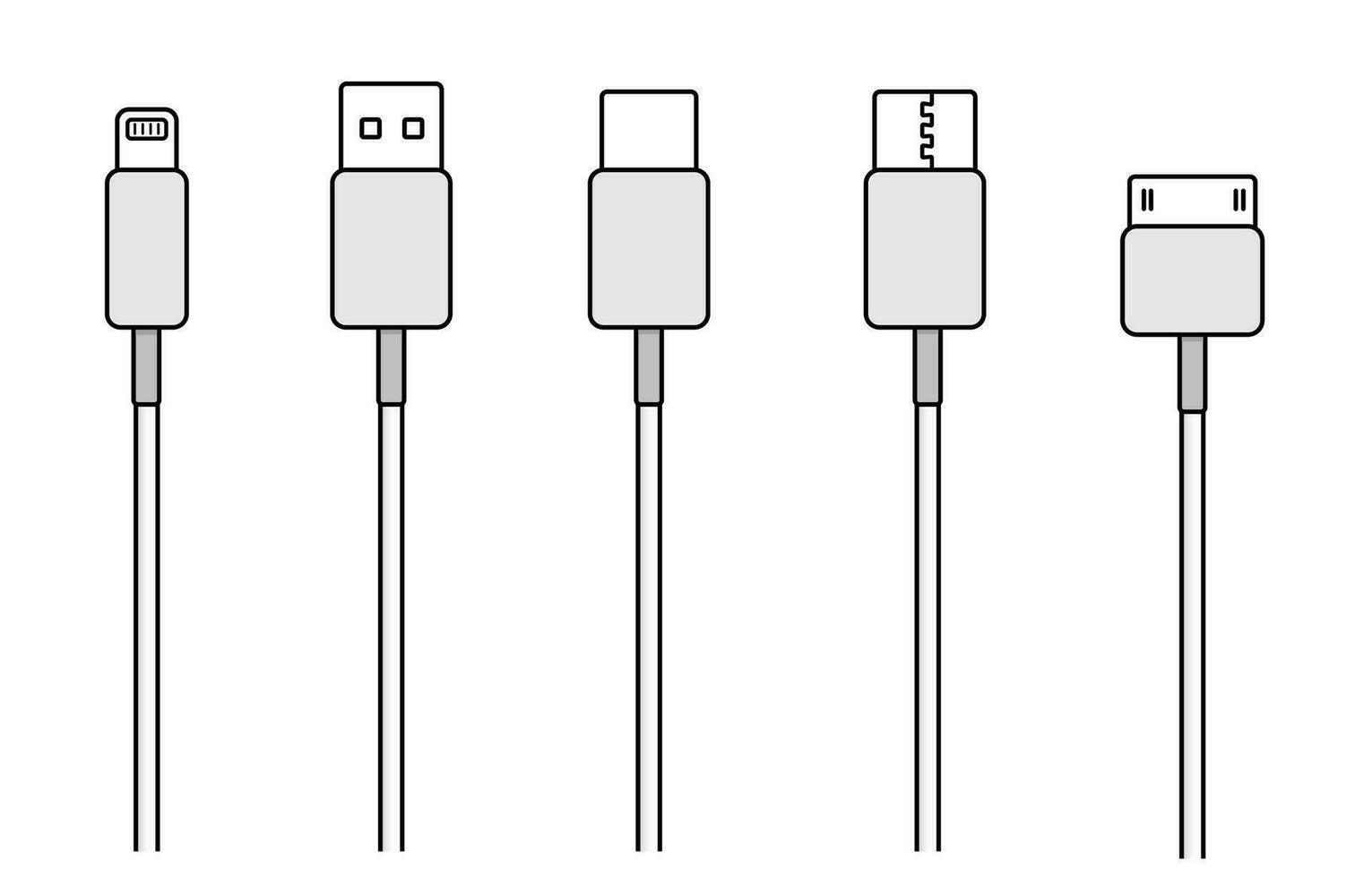 uSB kablar, laddning ledningar, elektronisk enhet inmatning kabel- ikoner. kablar uSB hdmi typ c blixt- mini domkraft mini b mikrofor mobil telefon kontakt pluggar vektor