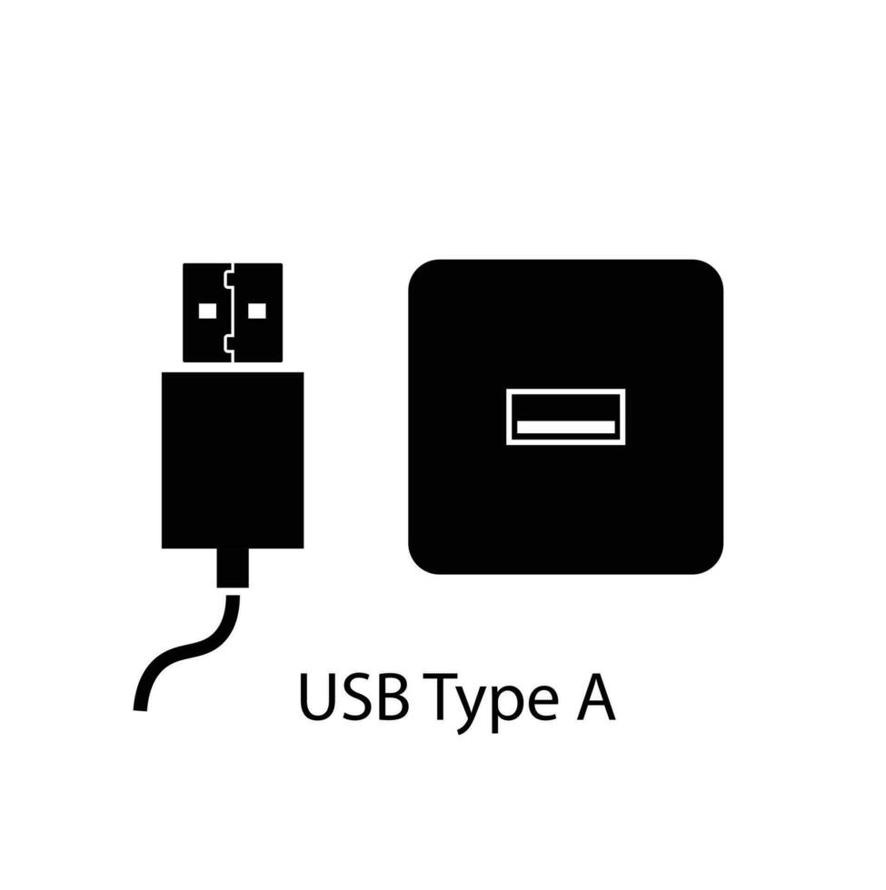 uSB typ en kontakt och kabel- vektor i silhuett stil isolerat på en vit bakgrund. uSB utlopp plugg ikon.