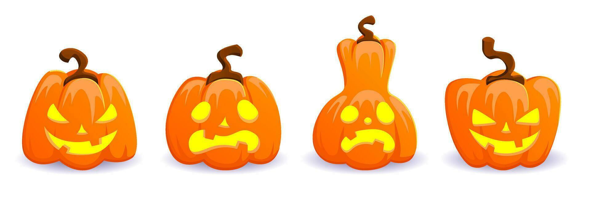 Halloween Kürbis Laternen, Karikatur Jack Ö Laterne Figuren, böse Symbol von Halloween Urlaub, Dekorationen, Design Elemente, Aufkleber auf ein Weiß Hintergrund. vektor