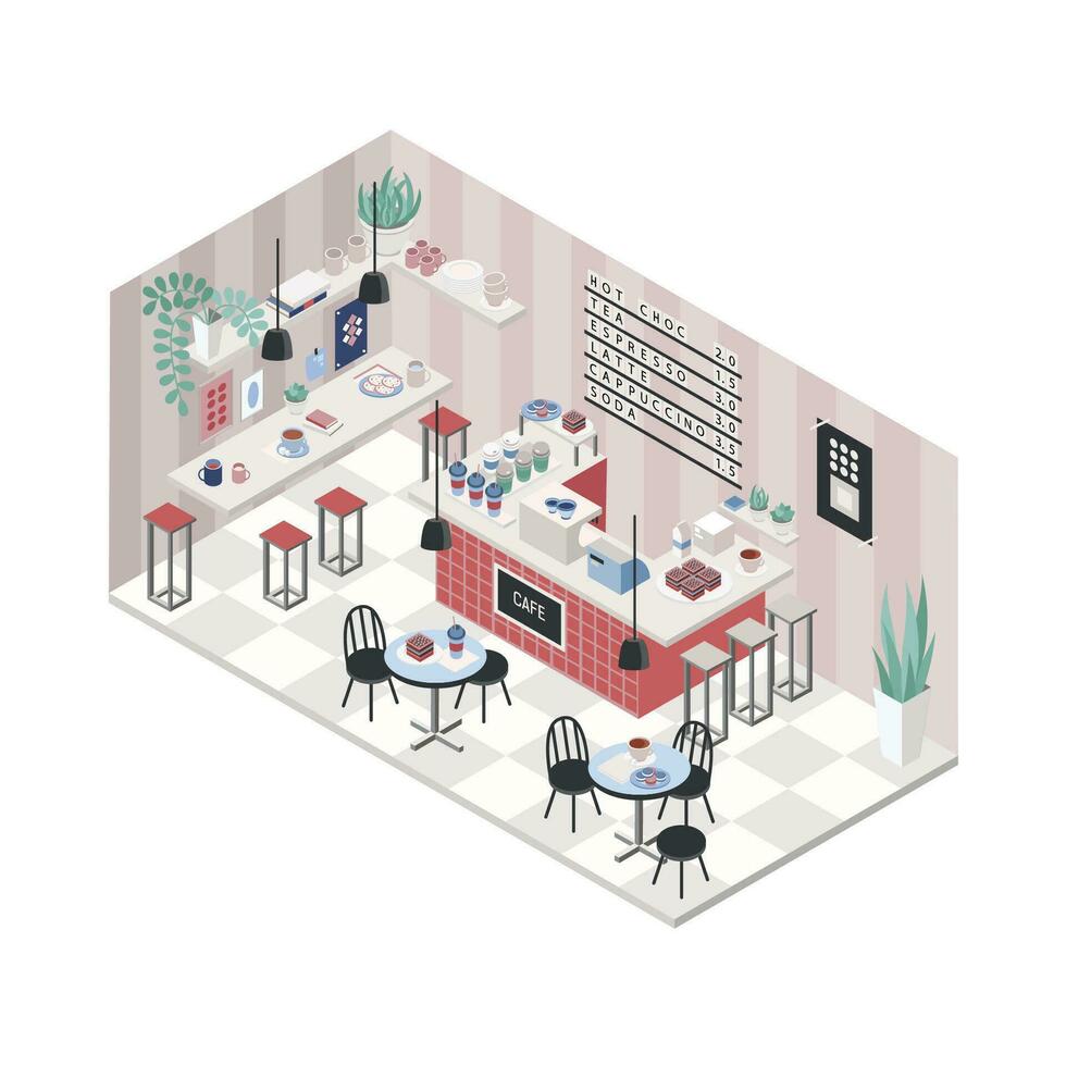 modern Cafe, Kaffee Geschäft, Restaurant Innere im isometrisch Stil. bunt Illustration, oben Sicht. vektor