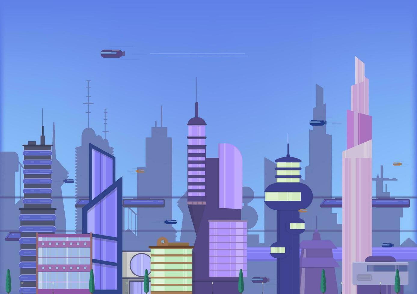 Zukunft Stadt eben Illustration. städtisch Stadtbild Vorlage mit modern Gebäude und futuristisch Verkehr. Banner zum Netz Design. vektor