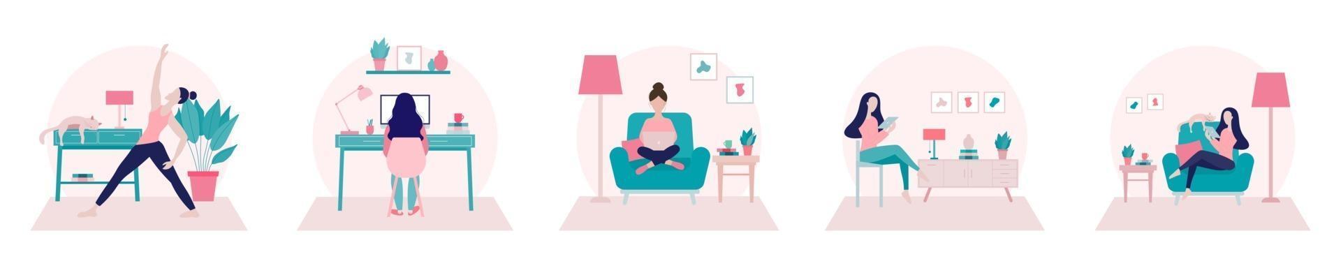 Reihe von Illustrationen von Mädchen, die trainieren, in ihrem Heimbüro arbeiten, sich entspannen vektor