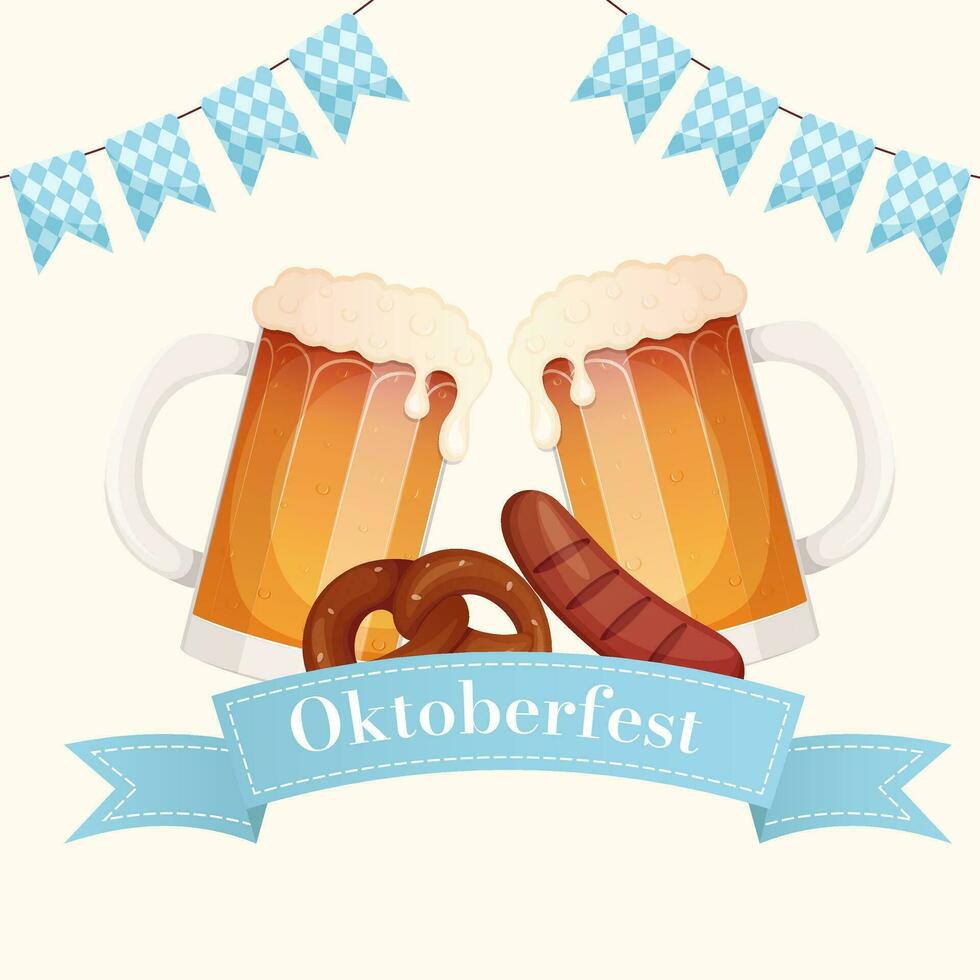 oktoberfest baner med glas av öl korv och pretzel vektor